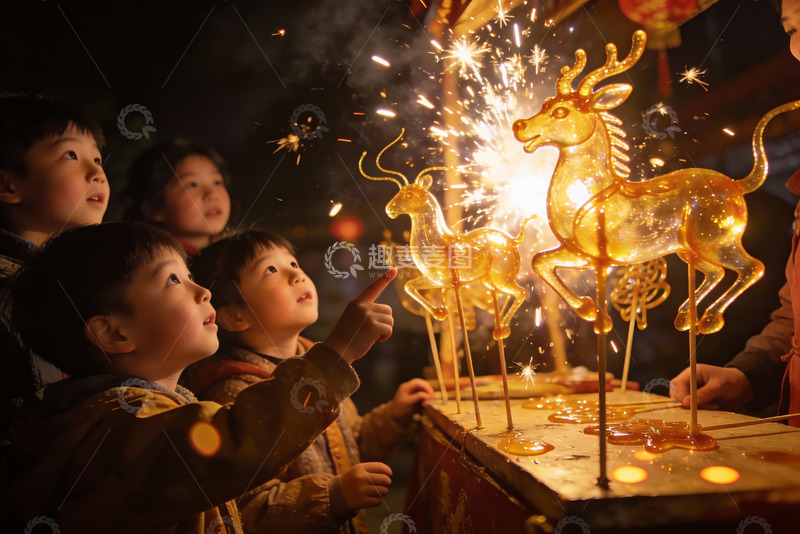 高清大图下载【趣麦麦图】孩童观赏夜市糖艺火花表演