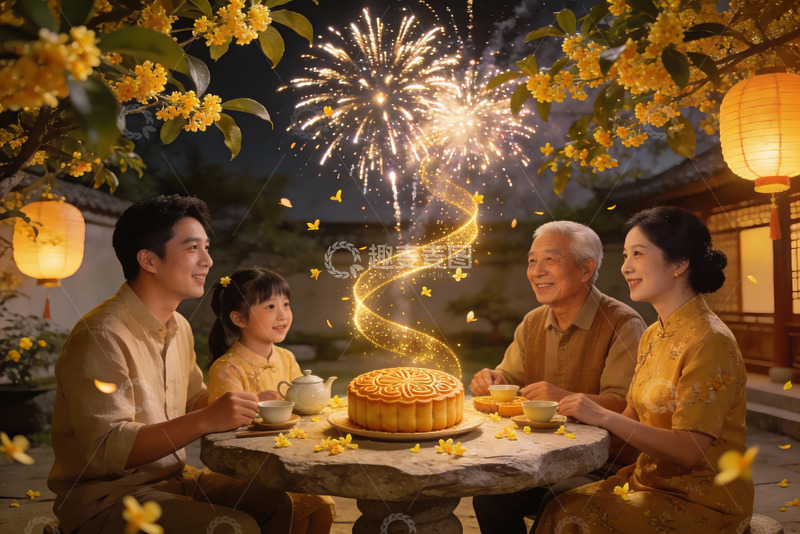 高清大图下载【趣麦麦图】中秋夜家人赏月品饼共庆团圆