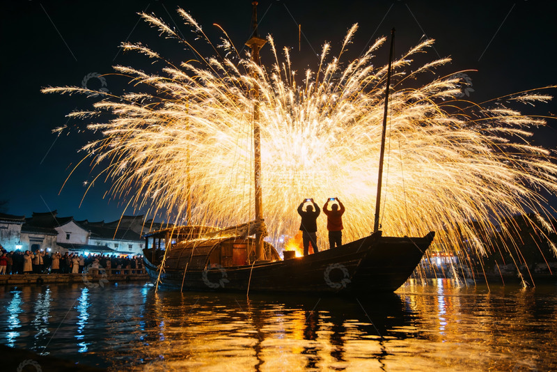 高清大图下载【趣麦麦图】夜幕江上烟花绽放游船