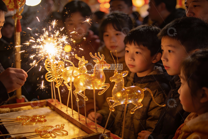 高清大图下载【趣麦麦图】-孩子们围观手持烟花与发光灯饰