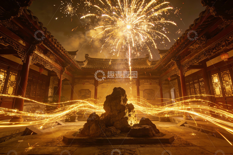 高清大图下载【趣麦麦图】夜空中绽放的烟花与古建筑