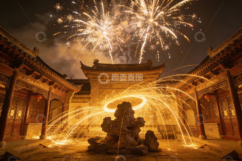 高清大图下载【趣麦麦图】夜空烟花绽放古建筑庭院
