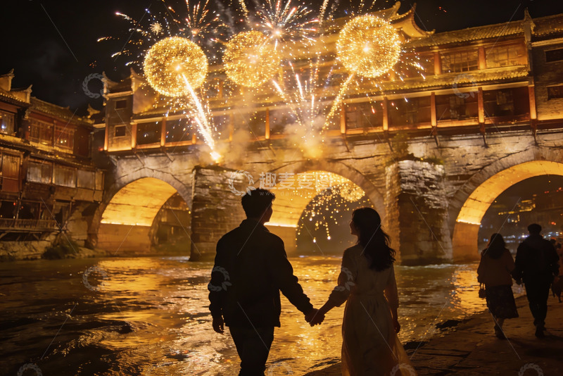 高清大图下载【趣麦麦图】夜景烟花下的情侣与古桥