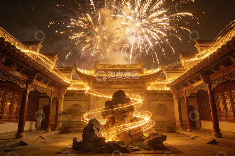 高清大图下载【趣麦麦图】古建筑夜空烟花绽放