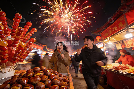 夜市烟火下情侣吃糖葫芦