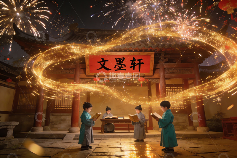 高清大图下载【趣麦麦图】古风庭院夜读烟花绽放