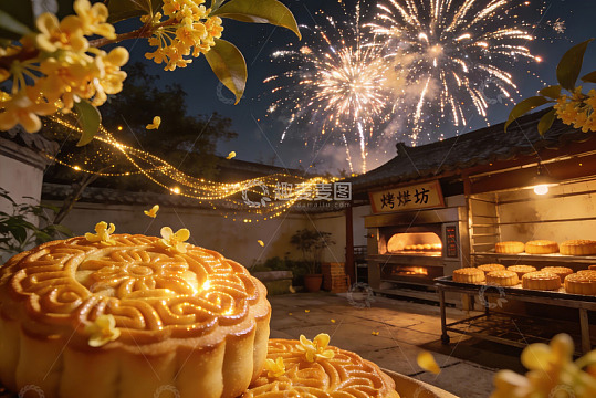 中秋夜烟花下的月饼与花