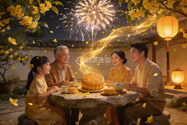 中秋夜庭院赏月家人团聚