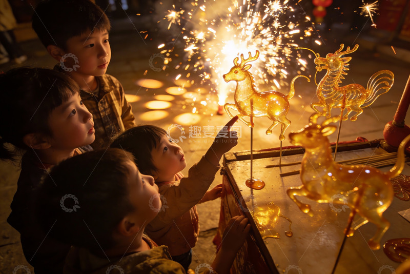 高清大图下载【趣麦麦图】孩童观赏夜市发光糖塑动物