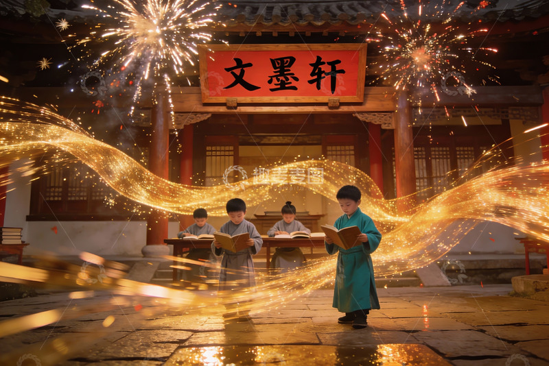 高清大图下载【趣麦麦图】古建筑前孩童读书烟花绽放