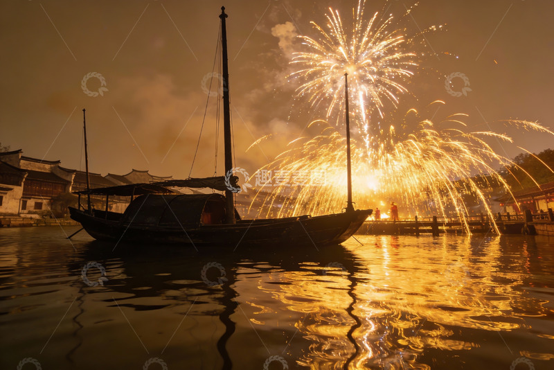 高清大图下载【趣麦麦图】夜泊古船烟花绽放水乡美景