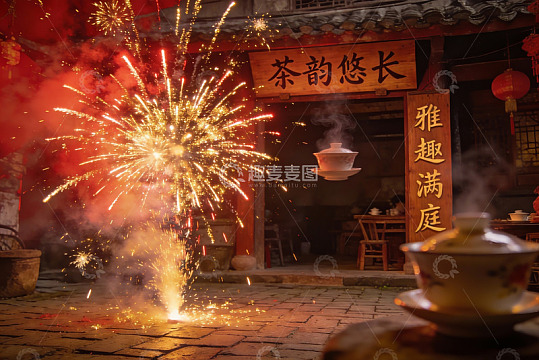 古色古香茶馆夜放烟花