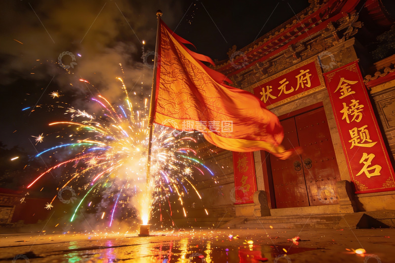 高清大图下载【趣麦麦图】夜幕下烟花绽放古建筑