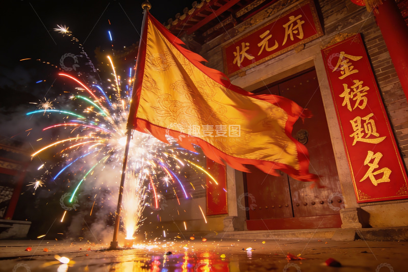 高清大图下载【趣麦麦图】古建筑前烟花绽放旗帜飘扬