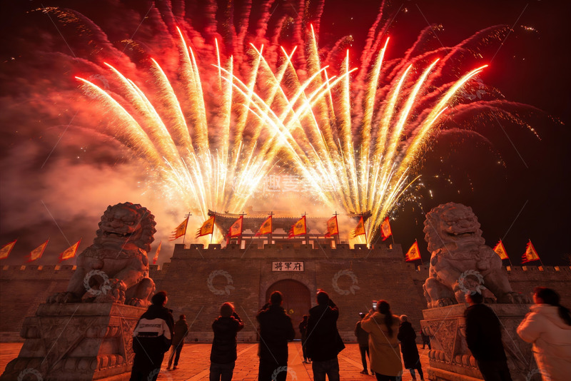 高清大图下载【趣麦麦图】古城楼前烟花绽放人群观赏