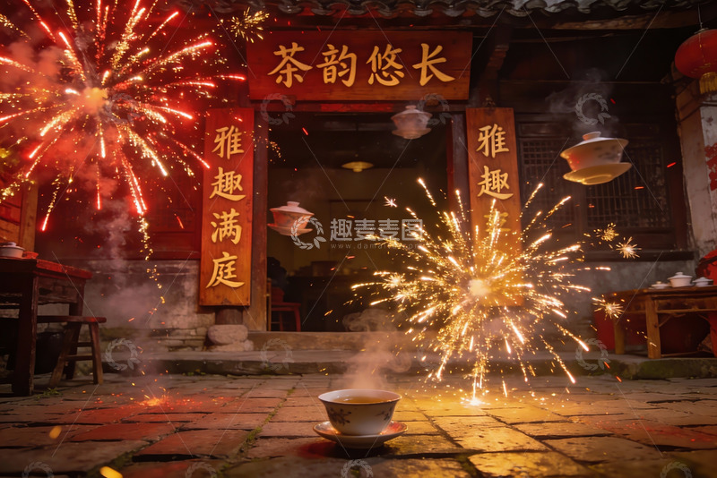 高清大图下载【趣麦麦图】烟花映衬古建筑茶香四溢
