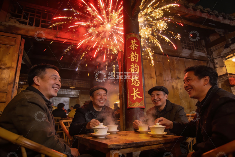 高清大图下载【趣麦麦图】烟花下茶友欢聚一堂