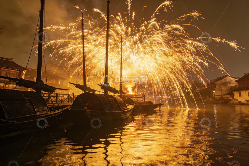 高清大图下载【趣麦麦图】夜幕江畔烟花绽放