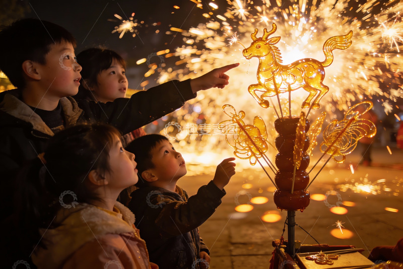 高清大图下载【趣麦麦图】孩童观赏烟花糖灯夜景