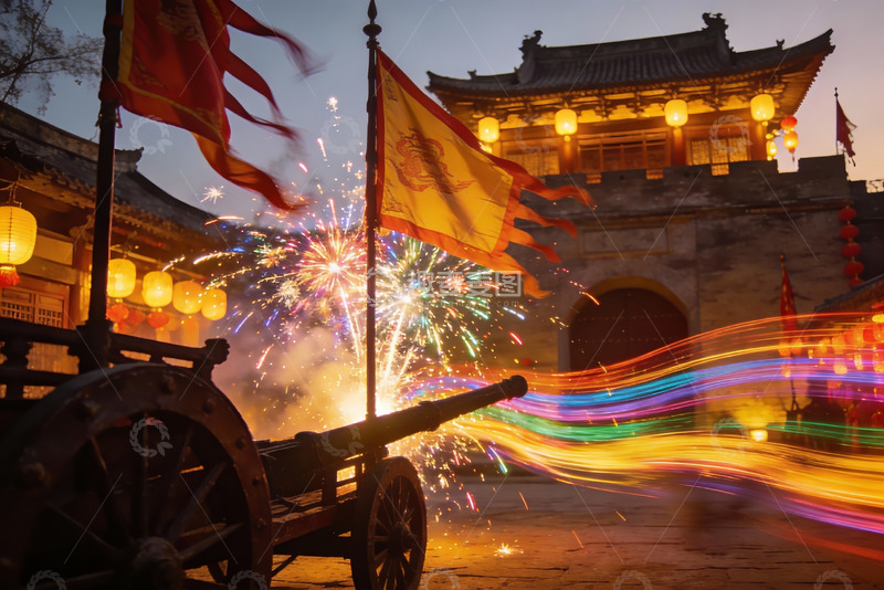 高清大图下载【趣麦麦图】古建筑前烟花绽放夜景