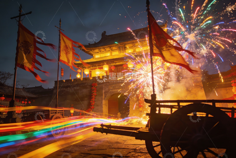 高清大图下载【趣麦麦图】古建筑前烟花璀璨夜景