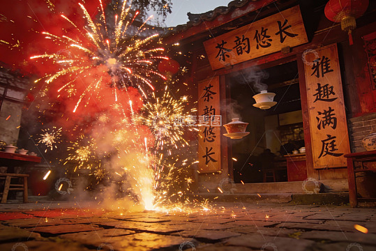 烟花绽放古建筑前热闹非凡