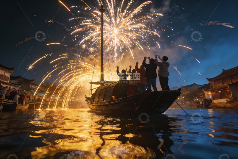 高清大图下载【趣麦麦图】夜游船上烟花绽放人群欢庆