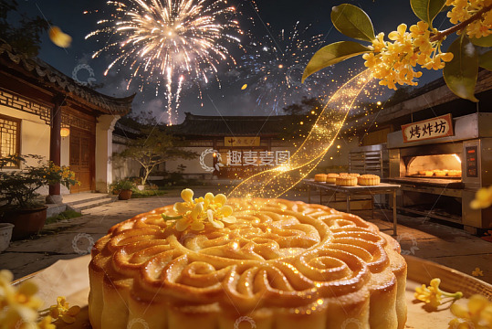 中秋夜烟花下的月饼与糕点
