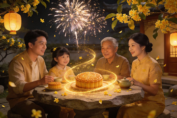 中秋夜家人围坐赏烟花