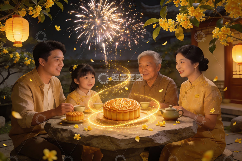 高清大图下载【趣麦麦图】中秋夜家人围坐赏烟花