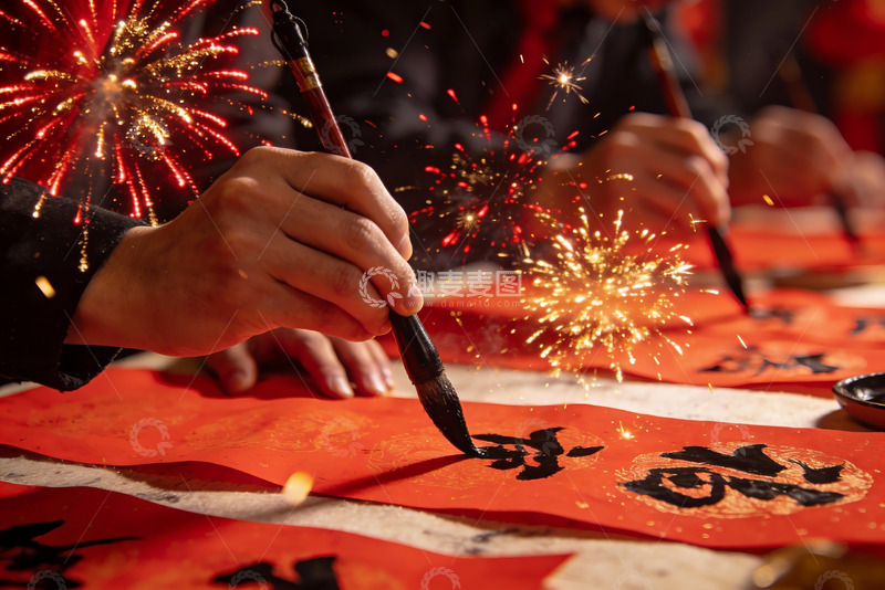 高清大图下载【趣麦麦图】烟花映衬下的书法创作场景