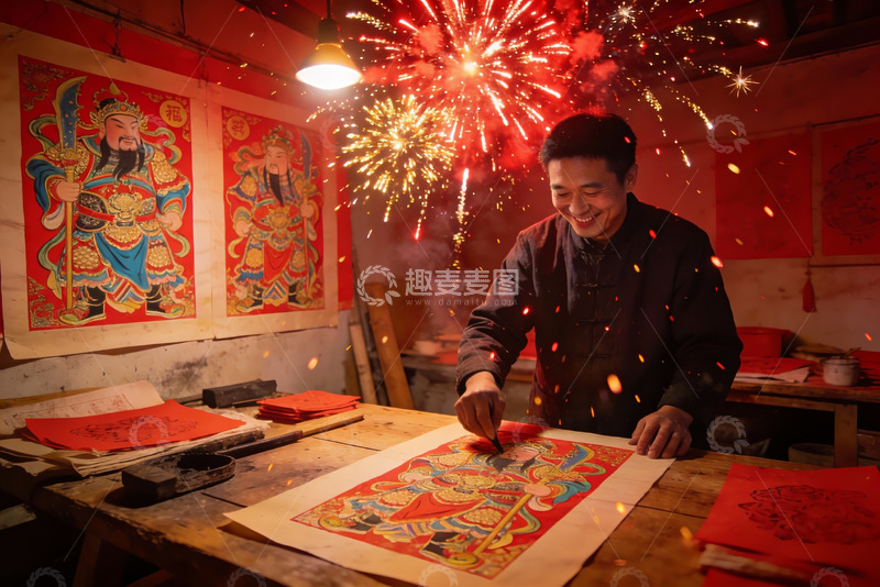 高清大图下载【趣麦麦图】男子室内创作年画烟花绽放
