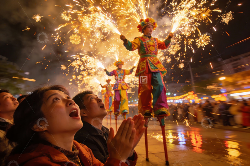 高清大图下载【趣麦麦图】烟花表演中人们仰望欢呼