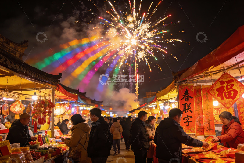 高清大图下载【趣麦麦图】夜市烟花璀璨人群熙攘