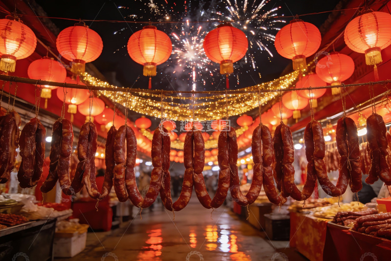 高清大图下载【趣麦麦图】夜市挂腊肠烟花绽放