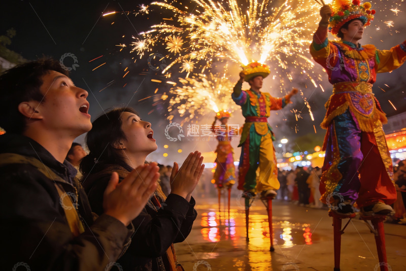 高清大图下载【趣麦麦图】烟花表演中人们欢庆的场景