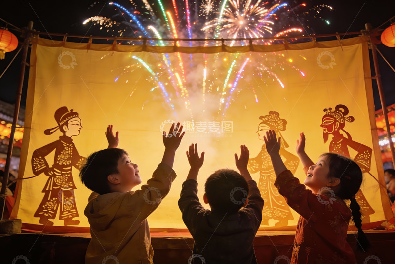 高清大图下载【趣麦麦图】儿童观看烟花与皮影戏表演