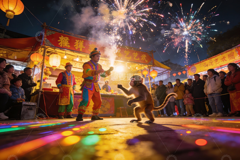 高清大图下载【趣麦麦图】夜市猴戏烟花表演热闹非凡