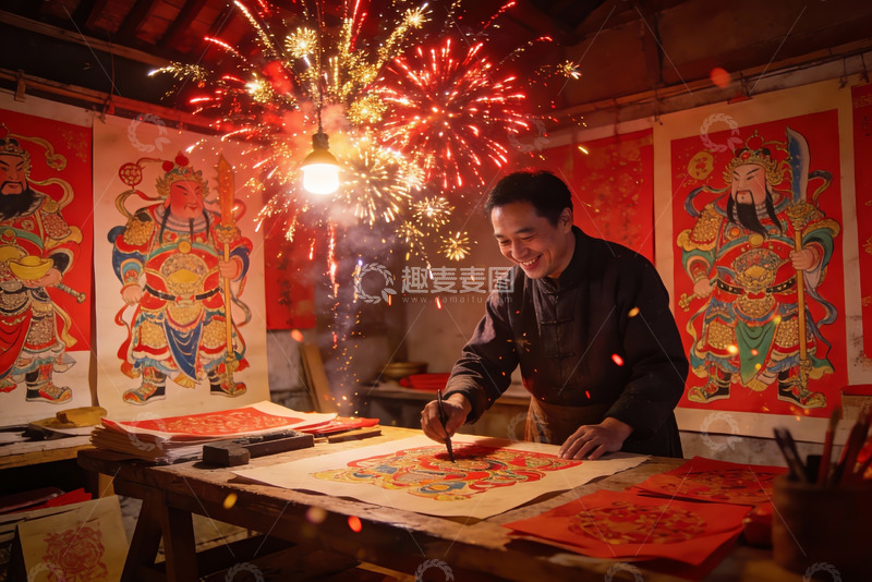 高清大图下载【趣麦麦图】烟花下传统绘画创作场景
