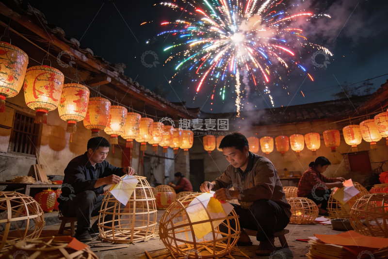 高清大图下载【趣麦麦图】夜幕下灯笼制作与烟花绽放
