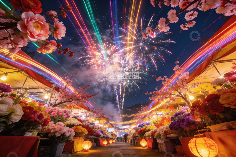 高清大图下载【趣麦麦图】夜市花摊烟花绽放绚丽夜空