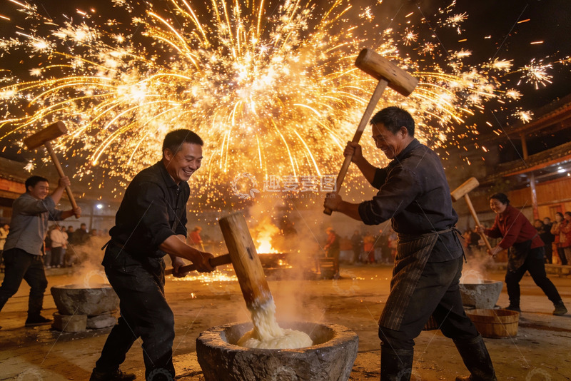 高清大图下载【趣麦麦图】烟花下众人打糍粑欢庆场景