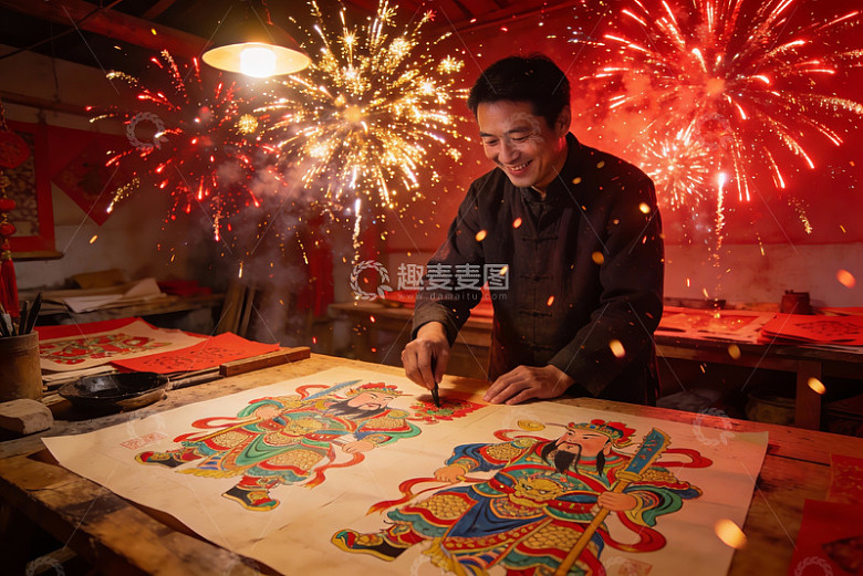 烟花下绘制传统年画