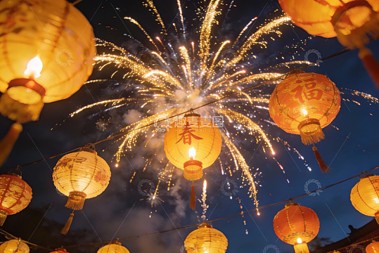 夜空烟花灯笼齐放节日盛景