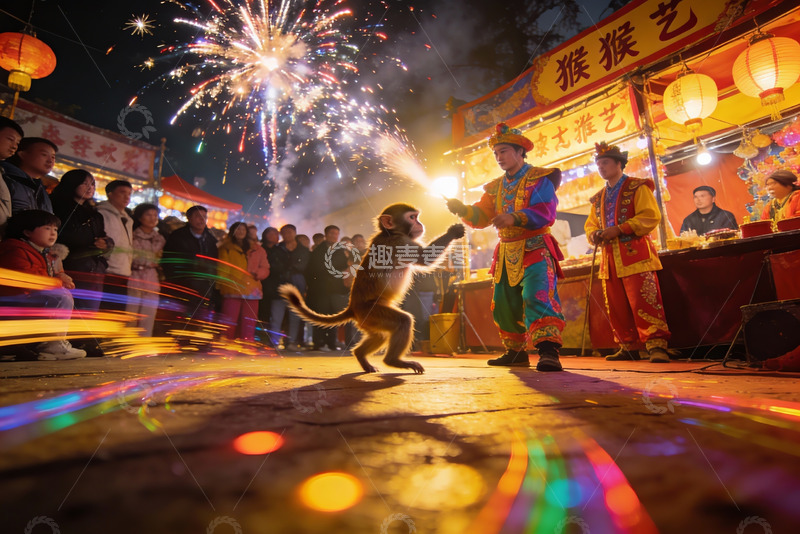 高清大图下载【趣麦麦图】夜市猴戏表演烟花绽放