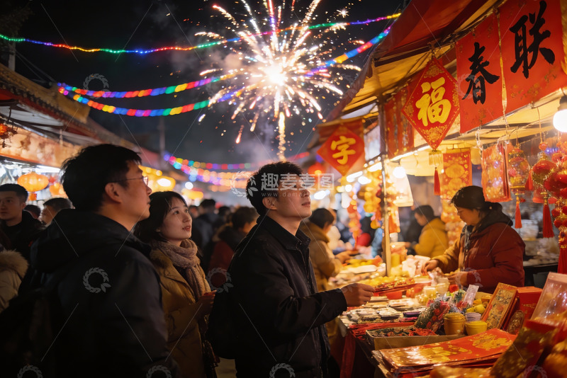 高清大图下载【趣麦麦图】夜市烟花璀璨游人驻足观赏
