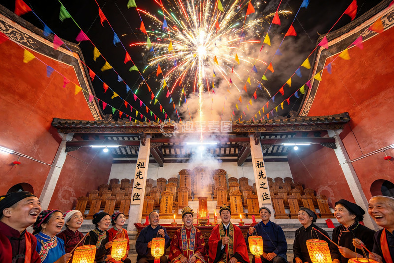 高清大图下载【趣麦麦图】传统庙会夜景烟花与人群