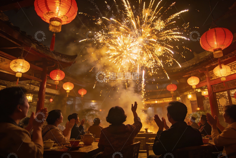 高清大图下载【趣麦麦图】夜宴赏烟花