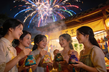 五女子手持绣袋赏烟花