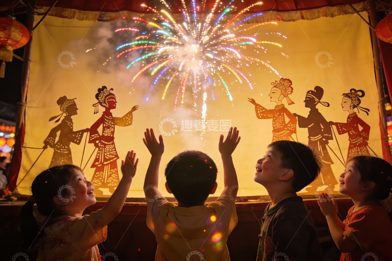 高清大图下载【趣麦麦图】儿童观看皮影戏烟花表演
